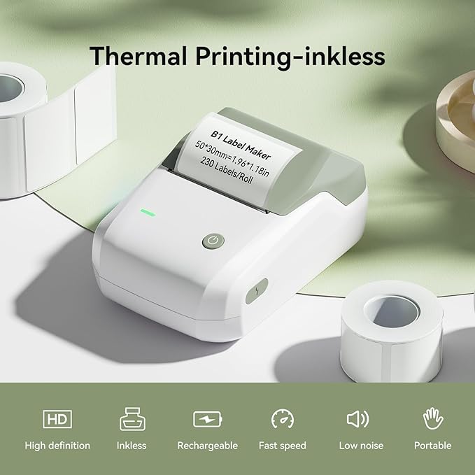 NIIMBOT B1 Label Maker Machine with Tape, 2 Inch Portable Sticker Printer for Home School & Small Business, Compatible with Phones & PC, Green White