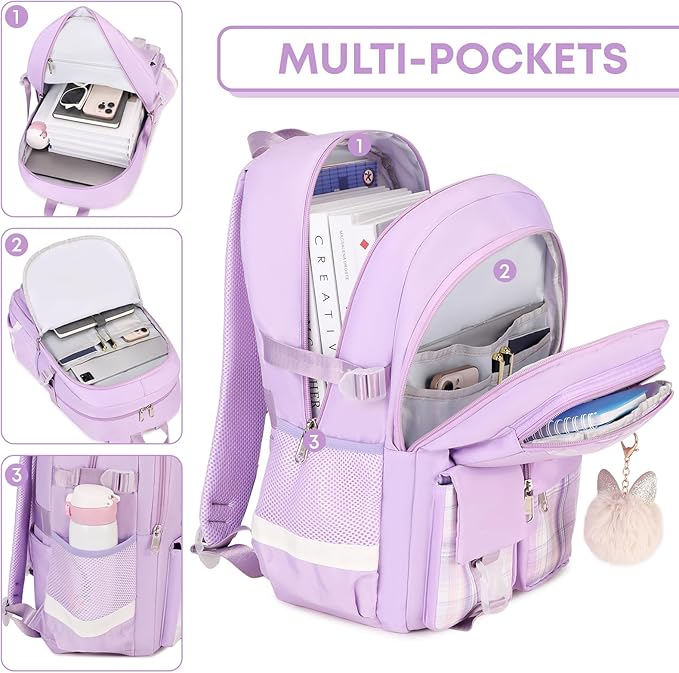 3PCS School Backpack For Student Women College Middle High Teen Girls Bookbag Waterproof Laptop Bag Plaid Purple
