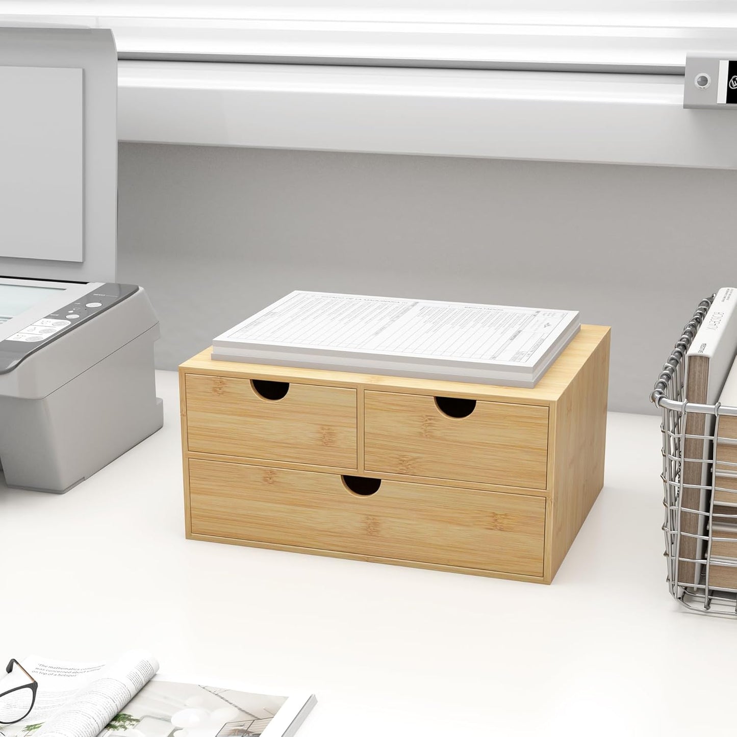 Bamboo Desk Drawer Organizer, Large Desktop Organizer with Drawers Tabletop Storage Organization Box for Office Home Toiletries Supplies Vanity, No Assembly Required (L-3 Drawers)