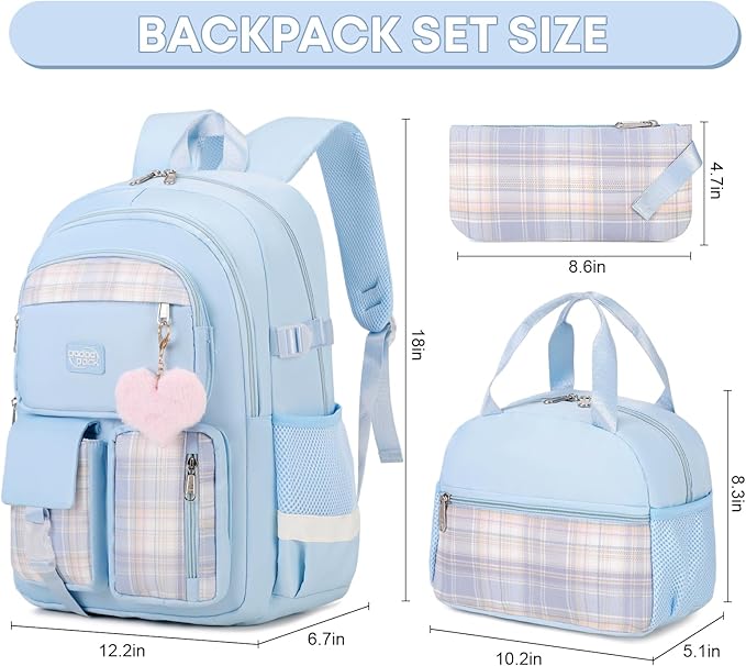 3PCS Backpack For School Women College Middle High Teen Girls Student Bookbag Waterproof Laptop Bag Plaid Blue