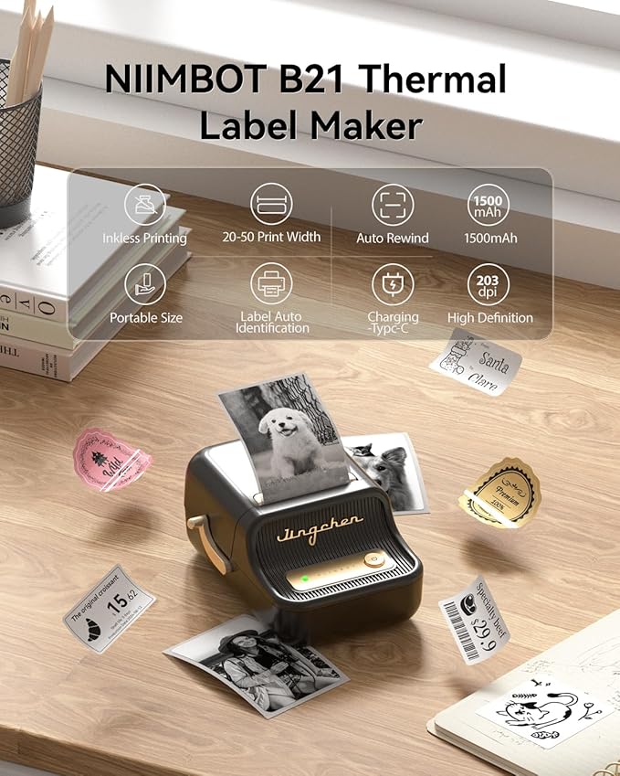 NIIMBOT B21 Label Maker, 2 Inch Portable Thermal Label Printer, Label Maker Machine with Tape, Compatible with Android, iOS & PC,Labeling for Home Storage Office and Small Business,Black