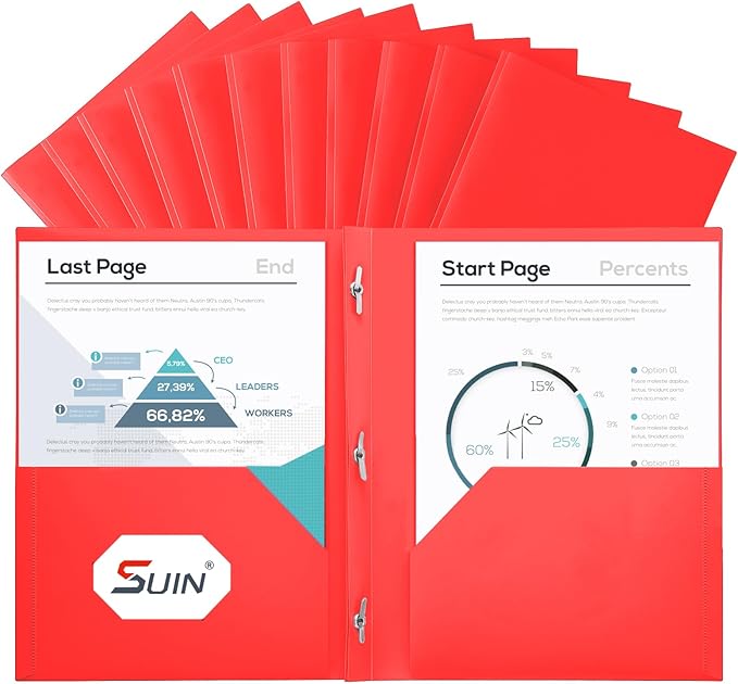 SUIN Plastic Project-Folders with 2 Pockets & 3 Prong, Bulk Pack Project File-Folder for US Letter Size Papers, Ideal for School & Office, Assorted Pastel Colors (Red)