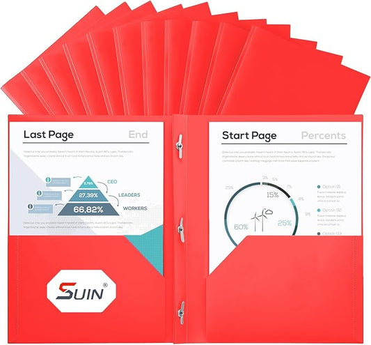 SUIN Plastic Project-Folders with 2 Pockets & 3 Prong, Bulk Pack Project File-Folder for US Letter Size Papers, Ideal for School & Office, Assorted Pastel Colors (Red)