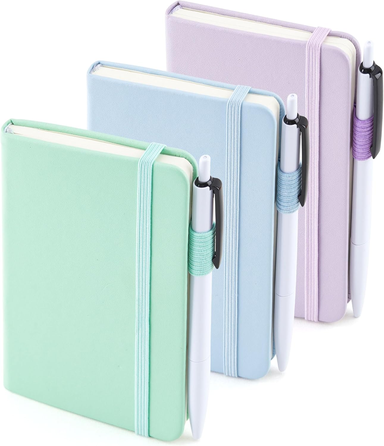 feela 3 Pack Pocket Small Notebook Journals, Mini Cute Hardcover College Ruled Notepad Women Office Supplies, with 3 Black Pens, 3.5”x 5.5”, A6, Pastel Colors, Light Blue, Light Purple, Light Green