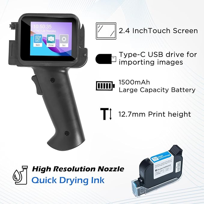 Handheld Inkjet Printer with 42ml Quick-Drying Ink Cartridge, 0.5 Inch Nozzle Ink Jet Coding Machine for EXP Date/Batch Number/QR Code/Barcode/Logo/Text (ZM-C12mini) (Black)