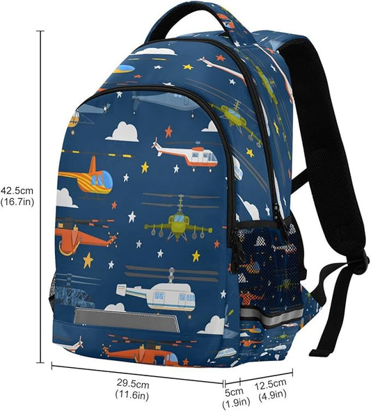 Cartoon Helicopter Backpack for Girls Kids Boys School Bookbags, Student Laptop Backpack Carrying Bag Casual Lightweight Travel Sports Day Packs
