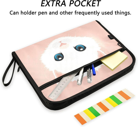 White Persian Cat Expanding File Folder 13 Pockets with Zipper Cute Dog Expandable Filing Folders Accordion Document Files Organizer for A4 Letter Size Paper