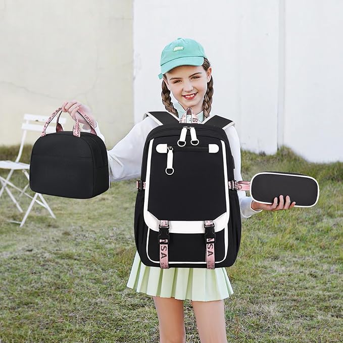 Bevalsa School Backpack for Girls, Backpack with Lunch Box & Pen Case, Bookbag for Girls Kids Elementary Middle High School Student 21L Children Schoolbag