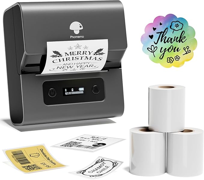 Phomemo M221 Label Maker Machine with 3 Tapes, 3 Inch Bluetooth Thermal No Ink Label Printer for Address, Barcode, Small Business, Home for Phone/PC, Space Gray, with 430 Pieces Labels