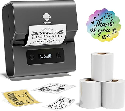 Phomemo M221 Label Maker Machine with 3 Tapes, 3 Inch Bluetooth Thermal No Ink Label Printer for Address, Barcode, Small Business, Home for Phone/PC, Space Gray, with 430 Pieces Labels