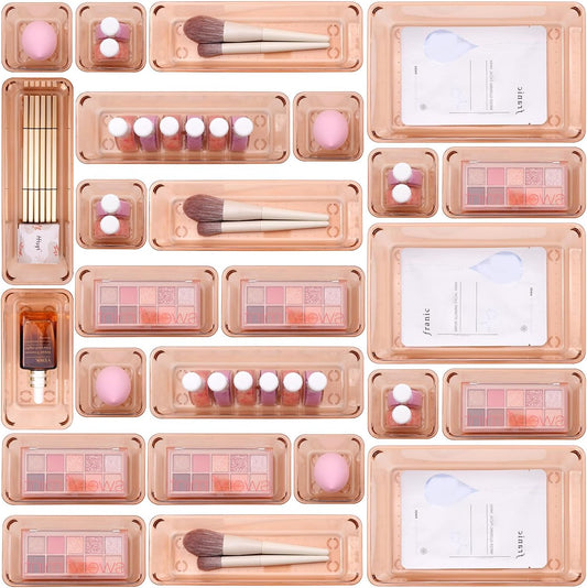 Coffee Acrylic Drawer Organizers Set Storage for Makeup, Office Desk Small Vanity Trays for Drawer Bathroom Plastic Make up Organizers 25 Pcs