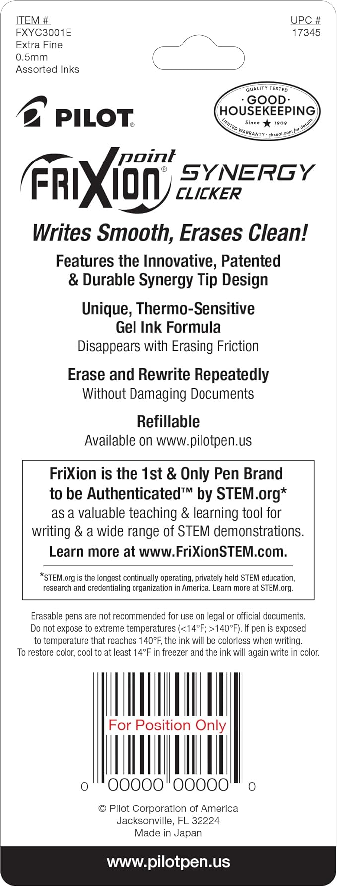 Pilot, FriXion Synergy Clicker Erasable, Refillable, Retractable Gel Ink Pens, Extra Fine Point 0.5 mm, Pack of 3, Black, Blue & Red