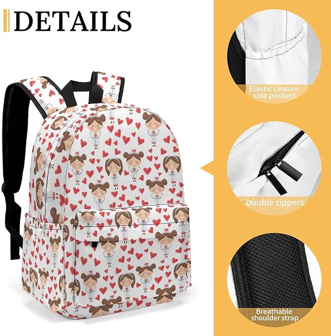 17 Inch Laptop Backpack Cartoon Nurses Hearts Teen Girls Boys School Backpack Bags Travel Bookbag Back Pack Outdoor Daypack for Women Men