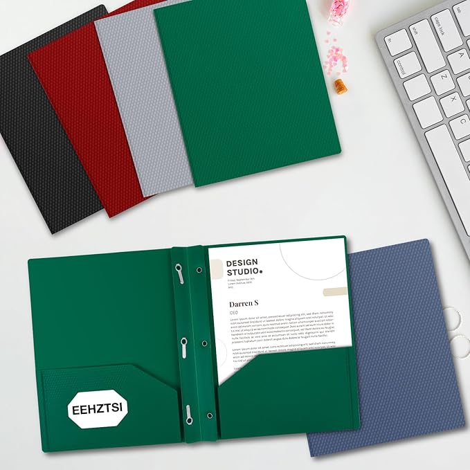 12-Pack Plastic Folders with Pockets and Prongs,2-Pocket Folders with 3 Fasteners, Poly Folders Holds 8-1/2" x 11" Paper for School/Office/Home, Green