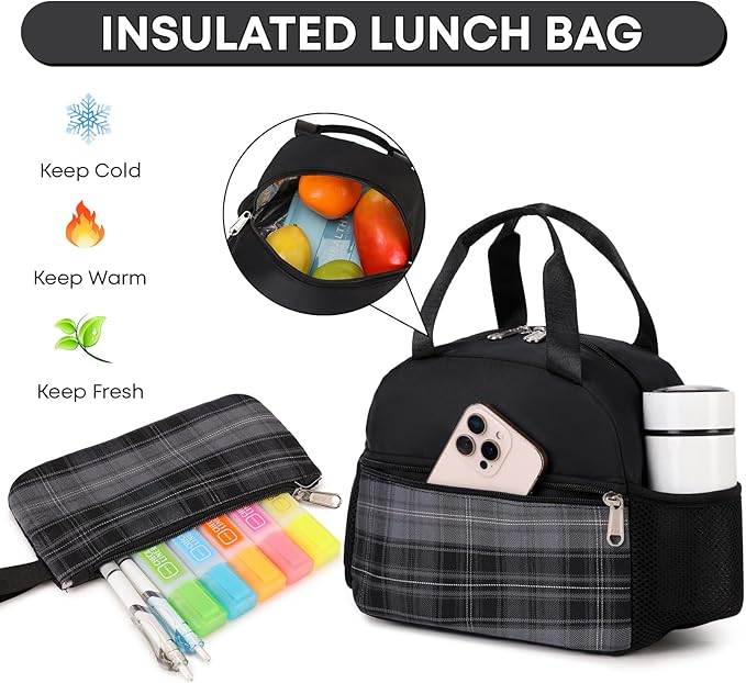 3PCS Backpack For School Women College Middle High Teen Girls Student Bookbag Waterproof Laptop Bag Plaid Black