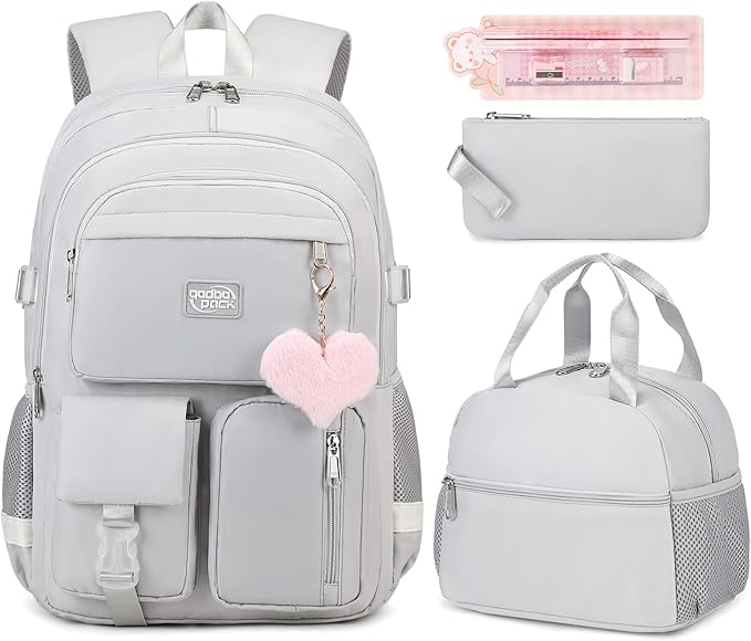 3PCS Backpack For School Women College Middle High Teen Girls Student Bookbag Waterproof Laptop Bag Grey