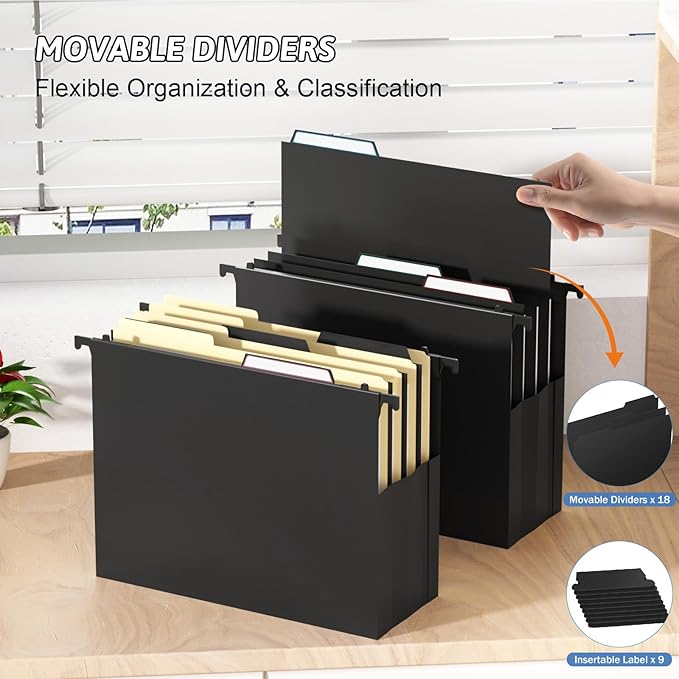Plastic Extra Capacity Hanging File Folders,6 Pack Heavy Duty 4" Expandable Hanging Folder with Movable Dividers,Large Hanging Folders with Insertable Tabs, for Bulky Files, Letter Size-Black