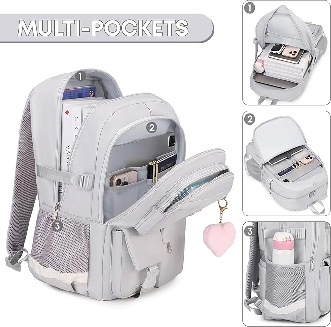 3PCS School Backpack For Student Women College Middle High Teen Girls Bookbag Waterproof Laptop Bag Grey