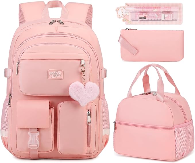 3PCS Backpack For School Women College Middle High Teen Girls Student Bookbag Waterproof Laptop Bag Pink