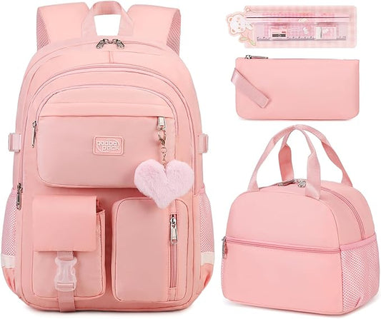 3PCS Backpack For School Women College Middle High Teen Girls Student Bookbag Waterproof Laptop Bag Pink