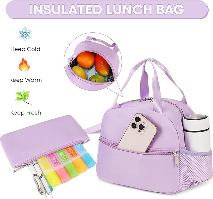 3PCS Backpack For School Women College Middle High Teen Girls Student Bookbag Waterproof Laptop Bag Purple