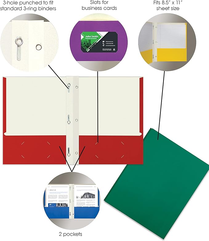 Better Office Products Letter Size Paper Portfolios, Case of 100, Assorted Primary Colors, with Fasteners (Assorted, 2 Pocket Paper Folders)