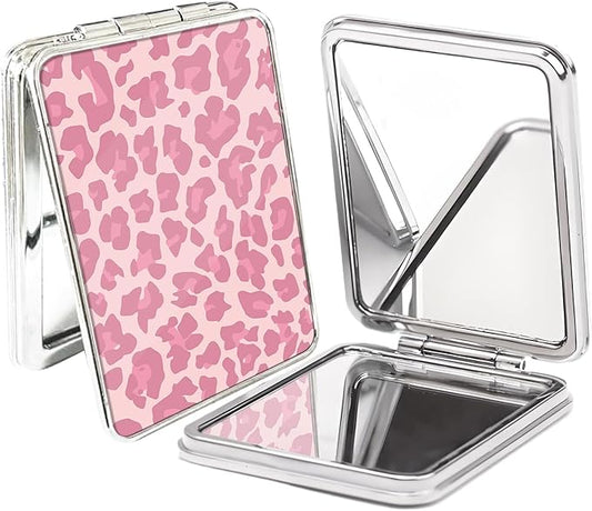 Compact Pocket Mirror, Cute Travel Mini Mirror with Magnification, Foldable Double-Sided Portable Cosmetic Mirror for Men, Women Pink Leopard