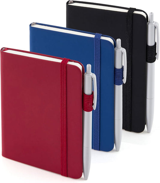 feela Pocket Notebook Notepad, Mini Cute Small Hardcover College Ruled Journals Office School Supplies, with 3 Black Pens, 3.5”x 5.5”, 3 Pack, A6, Vintage Colors, Red, Blue, Black