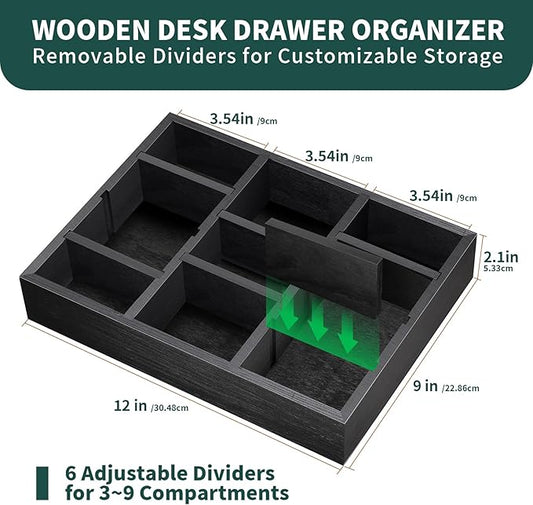 Desk Drawer Organizer Tray with 9 Adjustable Compartments, Wooden Office Desk Accessories Supplies Organization Storage for Desktop Bathroom Vanity Makeup Black