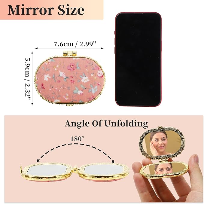 VOCOSTE Compact Pink Flower Pocket Mirror - Oval Mini Folding Mirror for Purse, Travel or Home