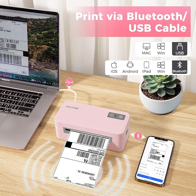 Bluetooth Thermal Label Printer, 4x6 Shipping Label Printer for Small Business, Compatible with Android, Windows, iPhone, Mac, Widely Used for Amazon, Shopify, Ebay, USPS, Etsy,FedEx (Pink)
