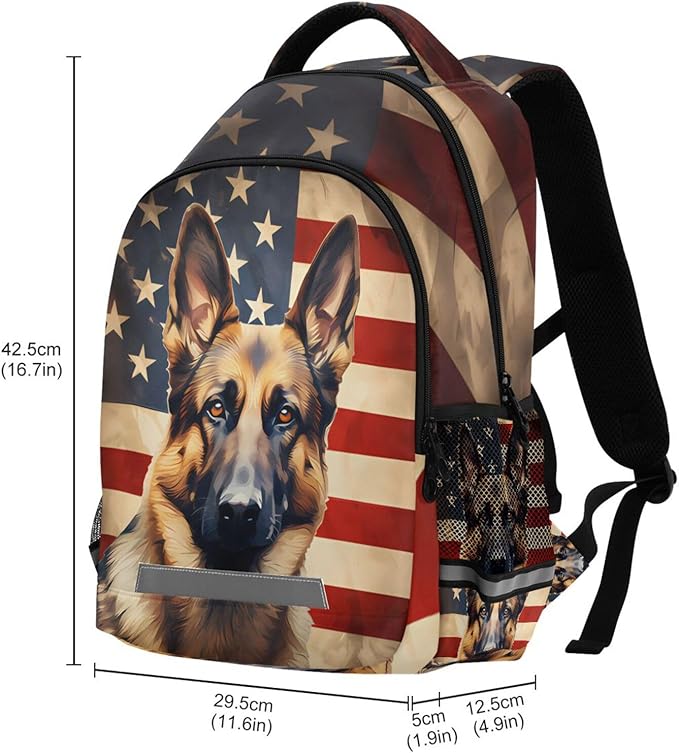 Dog German Shepherd Backpack for Boys Girls American Flag Elementary School Bag Kids Bookbag Travel Rucksack