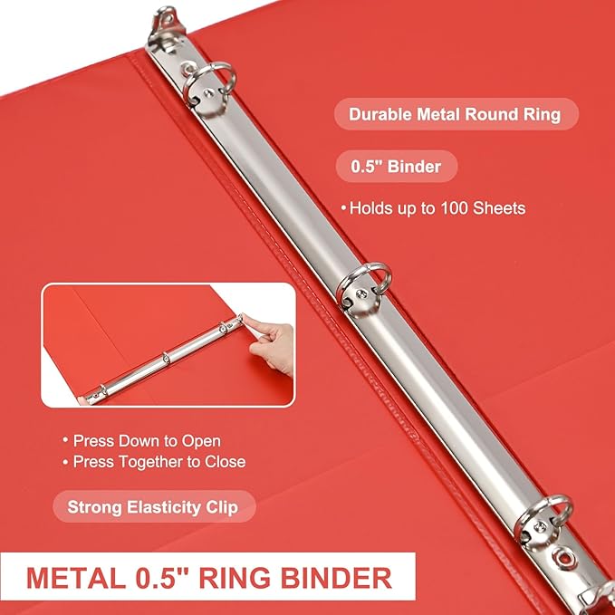 1/2 inch 3-Ring Binder, 0.5-inch Round Ring Binder with 2 Inside Pockets, Clear View Cover Binders Holds 8.5'' x 11''Paper for Office/Home/School Supply, 6 Pack (Assorted 6 Colors)