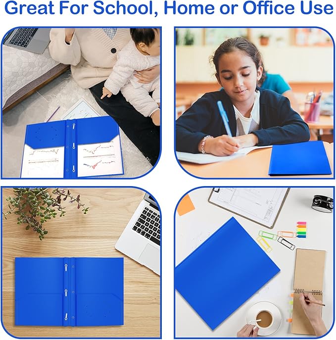 ViVin 12 Pack Heavy Duty Plastic Folders, 2-Pocket Poly File Plastic Folders with 3-Prong Fasteners, Fits 8-1/2" x 11" Letter Size Paper, for Home/School/Office (Blue)