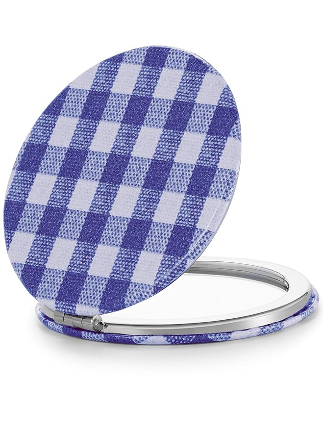 OMIRO 1X/10X Compact Magnifying Mirror, Unique Plaid Pattern Pocket Mirror with Classic PU Leather, Round, Blue Plaid