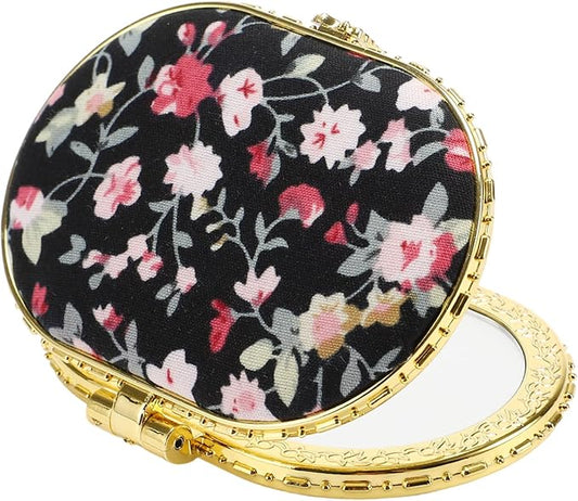 VOCOSTE Compact Mirror for Purses - Flower Pocket, Oval Mini, Floral Small, Vintage Folding, Travel Portable for Women, Black