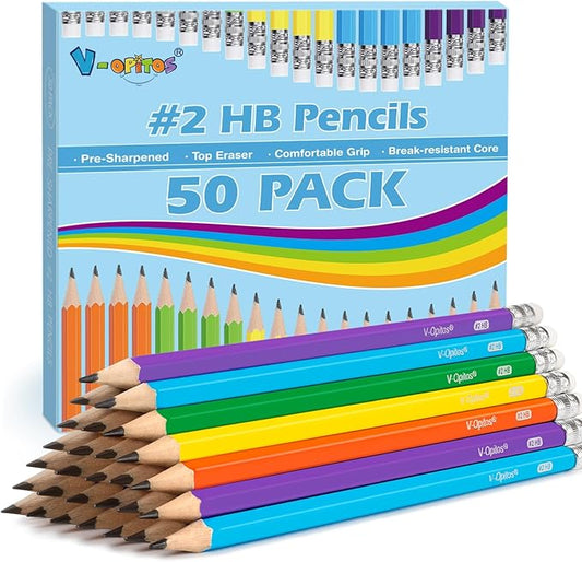 V-Opitos #2 Pre-Sharpened Wood-Cased Pencils, 50 Pack with Top Erasers, Bulk 2HB Pencils in Assorted Colors for School, Writing, Drawing and Sketching