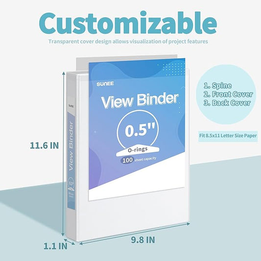 SUNEE 1/2 Inch Binders 3 Ring 12 Pack Bulk, 3 Ring Binders Clear View PVC-Free (Fit 8.5x11 Inches) for School or Office Supplies, White