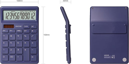 UNIONE Desktop Navy Calculator with a Bright LCD, Dual Power Handheld Desktop. Color. Business, Office, High School, 4×6 inch