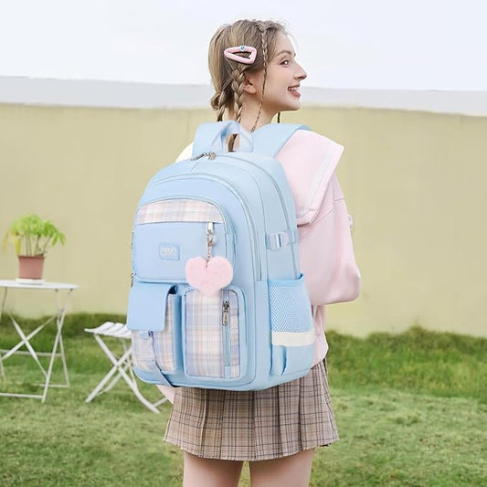 3PCS Backpack For School Women College Middle High Teen Girls Student Bookbag Waterproof Laptop Bag Plaid Blue