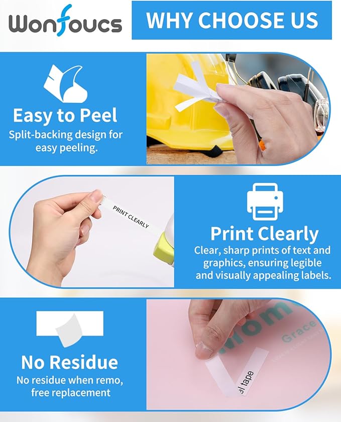 Wonfoucs TZ Tape 9mm 0.35 Laminated White TZe-221 Ptouch Tapes Replace for Brother P-Touch Label Tape TZe221 Work with Brother Label Maker Tape PT-D210 PT-D220 PT-H103W PT-1890 PT-D600 PT-D410, 4-Pack