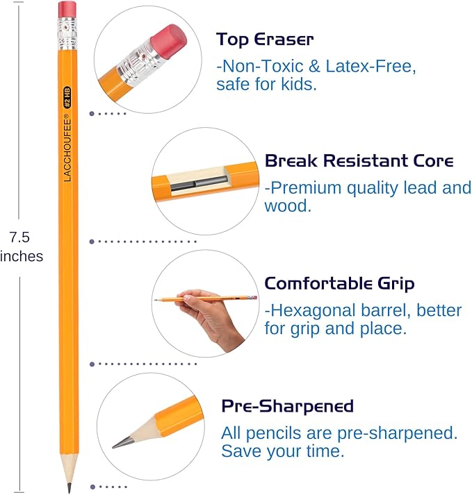 LACCHOUFEE 50 Pack #2 Pre-Sharpened Pencils With Eraser Top, 2 HB for Writing Drawing, Yellow Wood-Cased in Bulk for Office, School, Teacher and Classroom Supplies