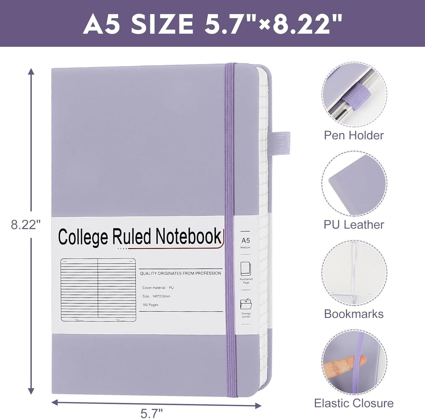 A5 Lined Journal Notebooks for Work, 192 Pages, Medium 5.7 x 8.3inch, College Ruled, Vegan Leather Hardcover Journals for Women Men,8 Pack