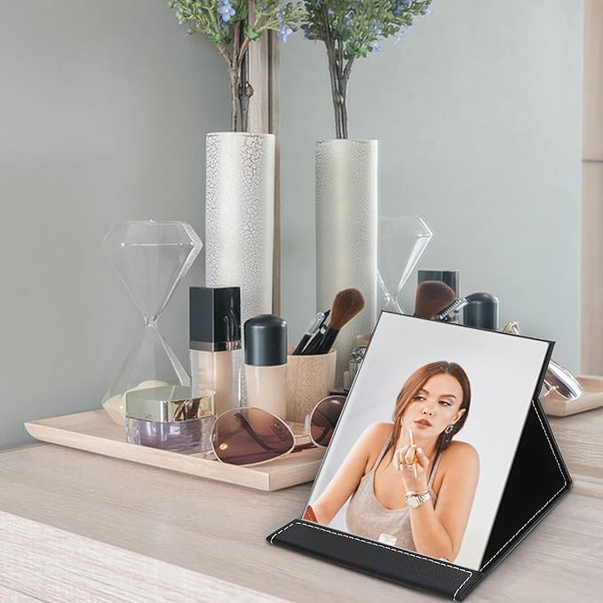 EFAILY Folding Travel Mirror, PU Portable Adjustable Rectangular Ultrathin Mirror, for Travel, Camping,Home(6.4W×5.3L)