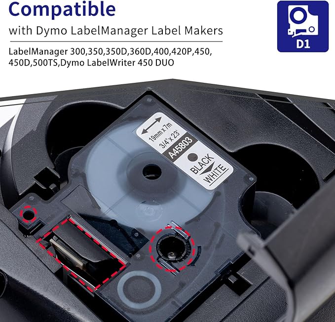 6-Pack Compatible Dymo D1 Label Tape 19mm 45803 45803s S0720830 Label Maker Refills, Black on White, 3/4 Inch x 23 Ft(7m), for Dymo LabelManager 360D 420P 450D 500TS 450 Duo Label Maker