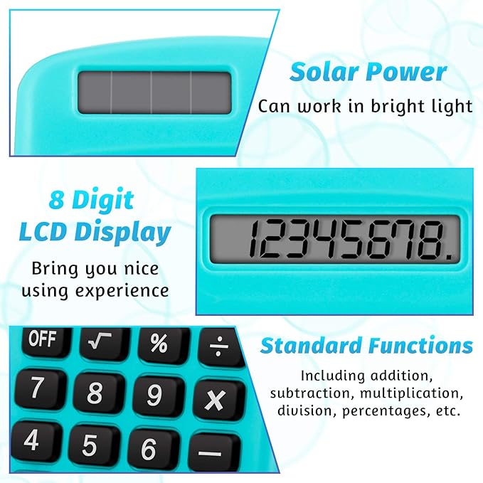 Weewooday 12 Pieces Pocket Size Calculator 8 Digit Basic Solar Battery Dual Power Mini Calculator for Desktop Home Office School Students Kids, 6 Colors