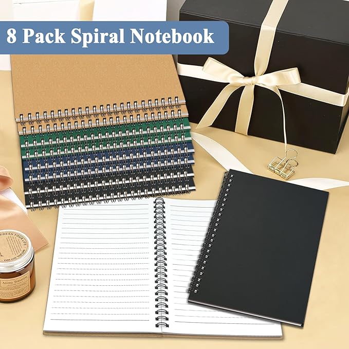 GINMLYDA Small Spiral Notebook A5, 8Pack 120 Lined Pages 8.25x5.5 Inches Spiral Journal Kraft Cover Notebooks & Writing Pads for School Home Office Aesthetic Sketch Drawing Note