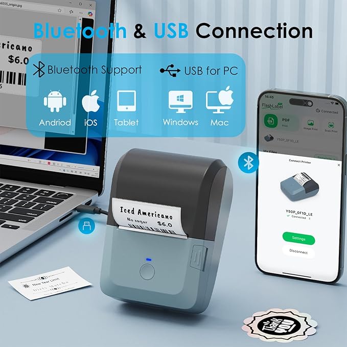 Bluetooth Label Maker Machine with Tape, Y50P Portable Thermal Sticker Maker for Home Office, Small Bussiness & School – Logo Stickers Printer – Includes 230 Labels, Black