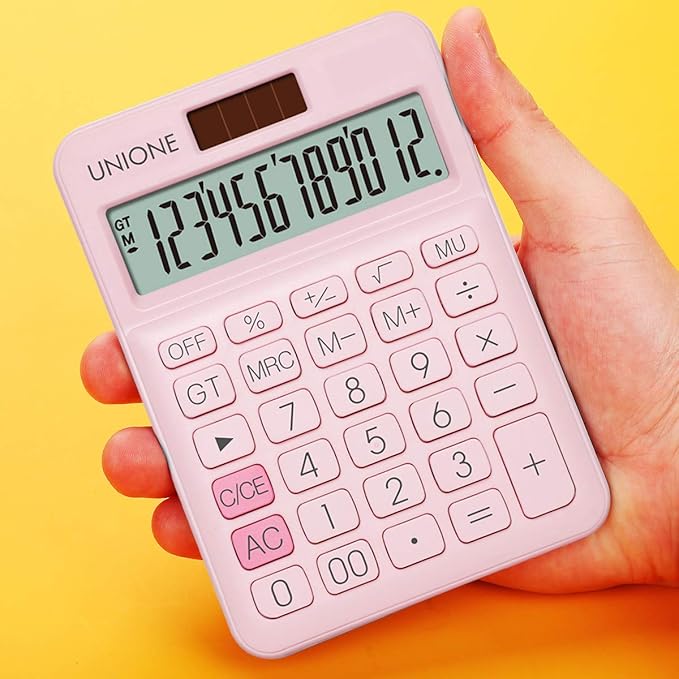 UNIONE Pink Calculator with a Bright LCD, Dual Power Handheld Desktop. Business, Office, High School