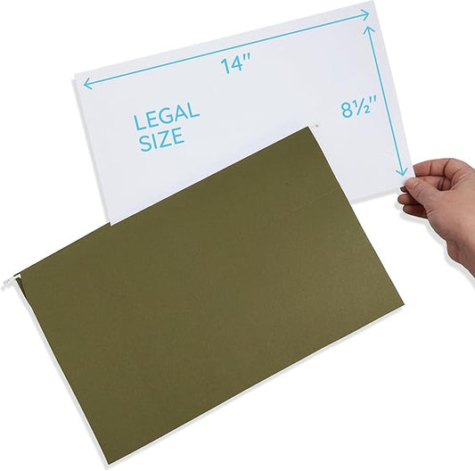 25 Blue Summit Supplies Legal Size Hanging File Folders with 3" Expansion, Standard Green Expandable Hanging File Folders, 25 Plastic Tabs and Inserts, Durable 12pt Paper